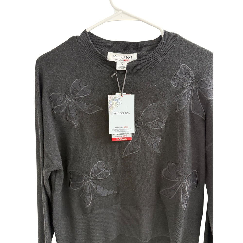 Bridgerton Netflix Shondaland Black Lace Bow Applique Sweater XS New With Tags